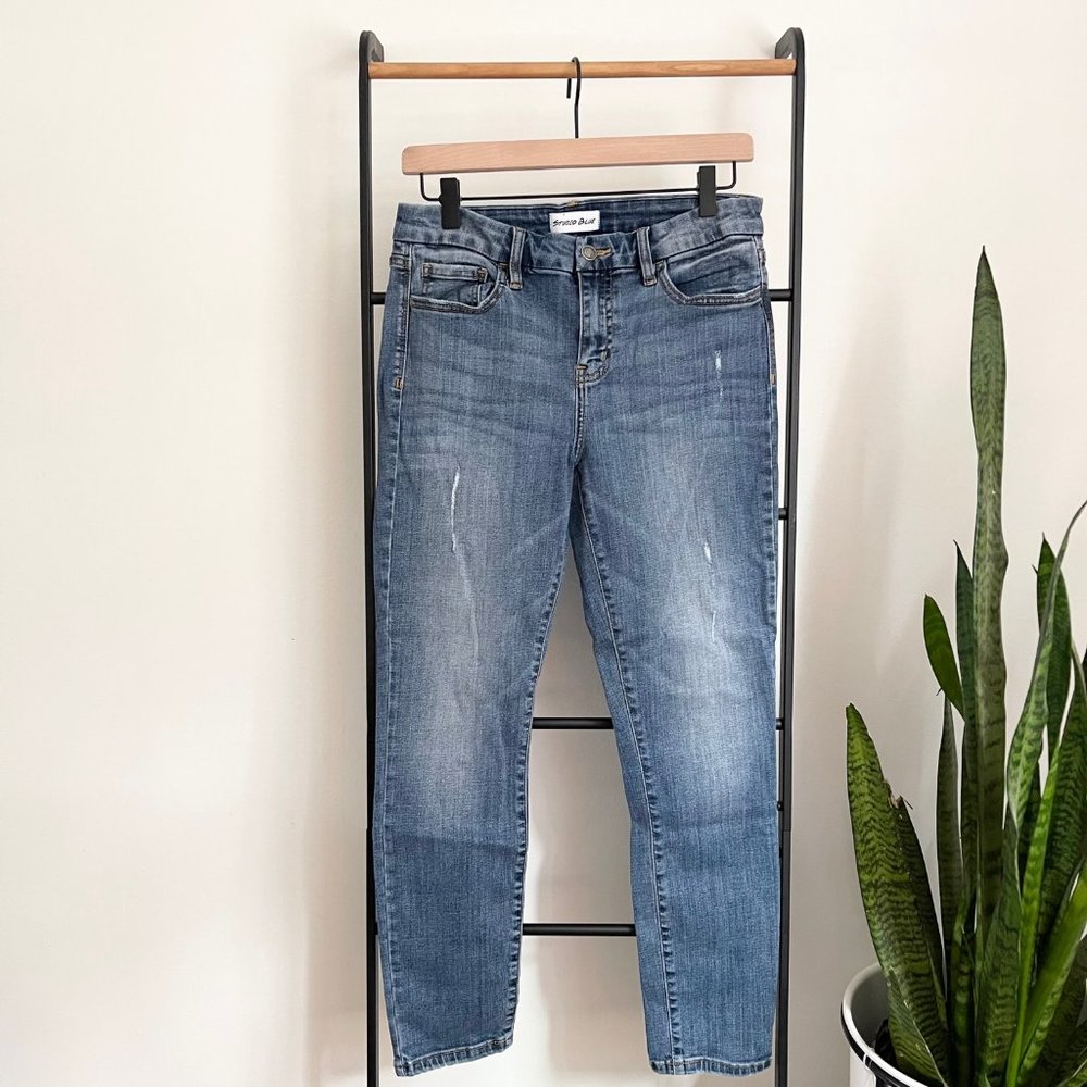 Mid Rise Cropped Skinny Distressed Jean